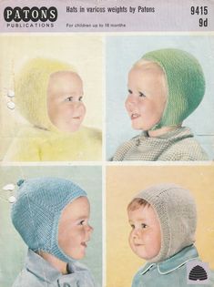 four pictures of children wearing knitted hats