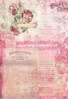 an old paper with pink flowers and music notes