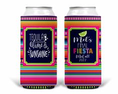 two can coolers with colorful stripes and neon colors, one has a lime slice on it