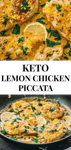 keto lemon chicken piccata in a skillet with the title above it