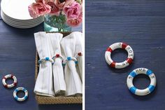 three different pictures of napkin rings and flowers