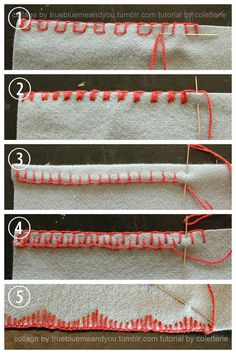 the steps in how to make a knitted scarf with red thread and stitches on it