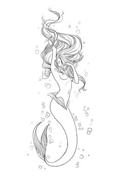 a black and white drawing of a mermaid with long hair swimming in the ocean water