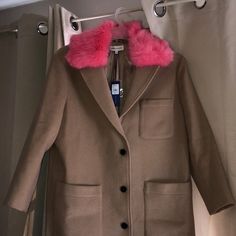 Designer Collared Winter Outerwear, Beige Designer Outerwear With Lapel Collar, Designer Brown Collared Outerwear, Beige Outerwear With Faux Fur Trim For Work, Brown Outerwear With Faux Fur Trim For Work, Removable Collar, Pink Faux Fur, Fur Trim, Try On