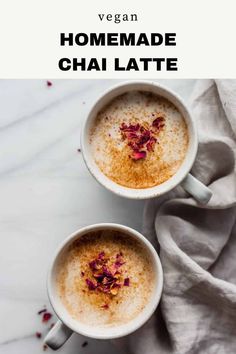 two cups of vegan chai latte on a marble table with the title overlay