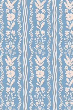 a blue and white striped wallpaper with flowers