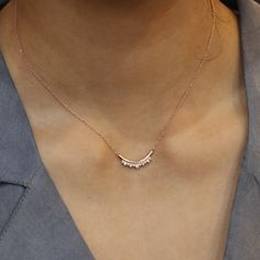 This dazzling white diamond necklace showcases brilliant white diamonds set in a lustrous 14k rose gold U shaped crown pendant creating a stylish and unique look. It drops gorgeously from a solid 14k rose gold cable chain. The length of the gold chain can be adjusted to either 16" or 18" long to suit your style! This curved diamond pendant can be made in your choice of white, rose, or yellow gold. ** The listing price is for one diamond necklace Availability: Ready to Ship: After the full paymen Elegant Yellow Gold Diamond Necklace With Rose Cut Diamonds, Elegant Rose Gold Diamond-shaped Necklace, 14k Gold Diamond Cut Diamond-shaped Necklace, Yellow Gold Pear-shaped Necklace With Rose Cut Diamonds, Elegant Open Circle Diamond-cut Necklace, White Diamond Necklace, Necklace Extender, Custom Ring Designs, Eco Friendly Jewelry