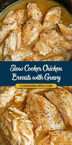 Make dinner effortless with these Slow Cooker Chicken Breasts with Gravy! Juicy, tender chicken breasts cooked to perfection and smothered in a rich, savory gravy. Perfect for a comforting weeknight dinner or an easy family meal! 😋 #SlowCookerChicken #ComfortFood #EasyDinner Gravy Crockpot Chicken, Savory Slow Cooker Chicken With Gravy, Savory Slow Cooker Chicken Breast With Gravy, Smothered Chicken Crockpot Recipes, Slow Cooker Chicken With Gravy, Slow Cooker Creamy Chicken And Gravy, Slow Cooker Chicken Breast With Gravy, Chicken Gravy Recipe Crockpot, Split Chicken Breast Recipes Bone In Slow Cooker