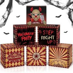 an assortment of halloween themed boxes with clowns on them