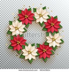 christmas wreath with poinsettia flowers on transparent background