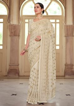 Beige georgette festival wear saree 7507  Desc:  Color : Beige Fabric : Georgette Work : Gota   Embroidery Wash Care : Dry clean Sleeve Style : Half Sleeve Long Sleeves : Done only in Custom Stitch Sleeves Lining : Done only in Custom Stitch Bust Size : 32 to 42 Inches Occasion : Festival   Christmas   Diwali   Pongal   Lohri   Teej   Durga Pooja   Ganesh Charturthi   Onam   Vaisakhi. With Express Free Shipping and Custom Stitching, Buy Indian Wedding Party Wear Saree Beige georgette festival we White Designer Saree, Off White Saree, Off White Designer, Designer Sarees Collection, Indian Saree Blouse, White Saree, Party Wear Saree, Embroidered Saree, Georgette Blouse