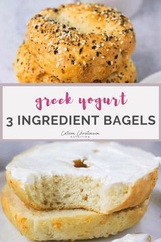 three bagels with white frosting and sprinkles on them, one has been