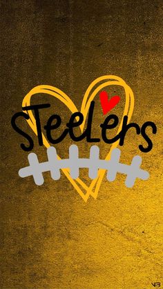 the word steeles written in black and yellow with a heart on it's side