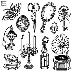 a bunch of different items that are drawn in black and white