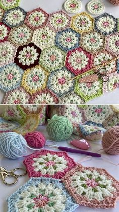 crocheted granny grannys are arranged on the table with yarn and knitting needles