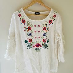 Beautiful Top! Very Airy And Breathable! Perfect For Spring Summer! Boho Style Blouse, It’s Not Lined So You Will Need A Tank Top Underneath. If You Like Orange Creek Lilly Pulitzer Vineyard Vines Simply Southern Neesees Dresses J Crew You Should Check Out My Closet! 100% Cotton Boho Top Embroidered Top Floral Top White Crew Neck Blouse With Floral Embroidery, White Bohemian Tops With Floral Embroidery, White Casual Peasant Top With Floral Embroidery, Casual White Peasant Top With Floral Embroidery, White Tops With Embroidered Hem For Beach, White Embroidered Hem Top For Beach, White Folk Style Peasant Top For Vacation, White Folk Peasant Top For Vacation, Spring Embroidered White Blouse