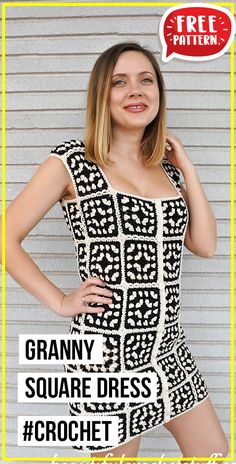 a woman in a black and white dress with the words granny square dress crochet