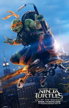 the poster for teenage mutant ninja turtles is shown in front of a cityscape