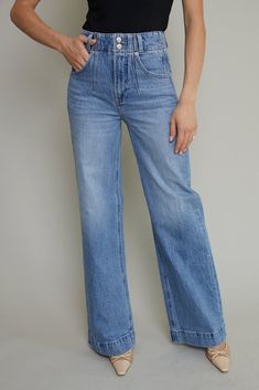 A relaxed, ultra wide leg silhouette with a high rise waist, breezy full length cut, and a clean finish hem. Crafted from our signature comfort stretch denim to provide a structured shape with just the right give. Gallery is a medium-light blue wash decorated with stacked, double waistband design detail. 77% Cotton / 22% Tencel / 1% Spandex This style is fitting true to size. Maddison is wearing a 24. Please note all online inventory reflects in store inventory. Waistband Design, High Waisted Wide Leg Jeans, Ultra Wide, Sweater Skirt, Wide Leg Jeans, Stretch Denim, Leg Jeans, Dresses For Sale, Jumpsuit Romper