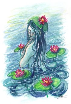 a drawing of a woman with long hair sitting in water surrounded by lily pads and pink flowers