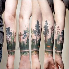 three different views of trees and animals on the arm, both with their reflection in water