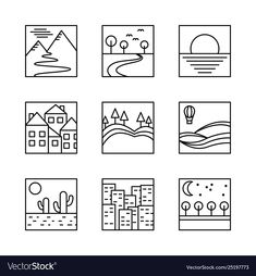 different types of landscape icons in black and white