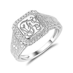 Personalized Monogram Ring With Cubic Zirconia Classic White Gold Initial Ring With Cubic Zirconia, Classic White Gold Initial Ring With Diamond Cut, Silver Initial Ring With Diamond Accents, Silver Signet Ring With Diamond Accents For Promise, Formal Silver Initial Ring With Diamond Accents, Silver Signet Ring With Diamond Accents, Elegant White Initial Ring With Engraving, Elegant White Initial Ring Engraved, Silver Initial Ring With Diamond Accents For Wedding