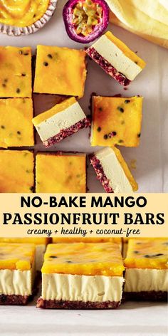 Creamy vegan mango cheesecake bars that are no-bake, packed with wholesome ingredients and are coconut-free! These bars are perfect for Summer or when you want to feel like you're on a tropical island!