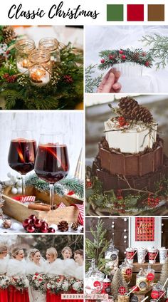 a collage of photos with christmas decorations and wine glasses