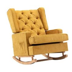 a yellow rocking chair with buttons on the armrests and foot rest, sitting in front of a white background