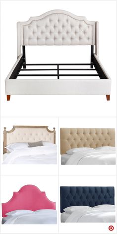 four different types of bed frames and headboards with buttons on each side, all in various colors