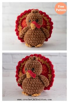 crocheted turkey stuffed animal sitting in front of a white brick wall with text overlay that says free pattern