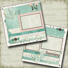 two scrapbook pages with the words happiness and a butterfly on them, both decorated in teal