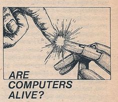 an advertisement for computers is shown in black and green colors with the words are computers alive?