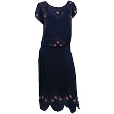 1920s Black Silk Beaded Dress. Black silk crepe embroidered with beads in a floral motif. Open shoulder, ties at sides of hips for a drop-waist silhouette. Scalloped hem. No closures, slips on over head. Lined. 1920s Fitted Beaded Dress, 1920s Beaded Fitted Dress, 1920s Evening Dress, 1920s Clothes, Roaring 20s Fashion, Beaded Flapper Dress, Haute Couture Vintage, 1920s Outfits, 1920s House