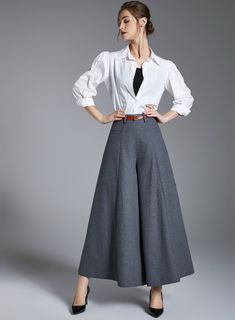 "DETAIL * 30% wool, 30% fiber, 40% polyester * Short polyester lining * Back zipper closure * Two up entry pockets * Wool wide leg pants * Dry clean * Model's belt is not sale item MODEL SIZE Bust:85 cm(33.4\") Waist:67 cm(26\") Height :175 cm（5'9\"） She wears size US 2 Choose CUSTOM Order if you * Can't find your size in our size Chart * Chang the Length * Your Height is not Between 5'1\" - 5\"9\" * Your weight is over 75 kg SIZE GUIDE Size vary between Brand and Country Please get your body measurement with our Size Guide And Find your size in our Size Chart SIZE CHART https://www.etsy.com/listing/736813677/ This Video of how to get the right measurement http://etsy.me/2BR0qAL Information I need if you need help Normal size Waist Hip Height Weight Phone number Xiaolizi --- Made-to-measur Wool Ankle-length Office Pants, Wool Ankle-length Pants For Office, Wool High-waisted Dress Pants For Office, Wool Wide Leg Pants For Business Casual, Business Casual Wool Wide Leg Pants, Business Casual Full Length Wool Wide Leg Pants, Wide Leg Wool Dress Pants For Office, Fall Office Wear High Waist Wide Leg Pants, Winter Office Dress Pants Full Length