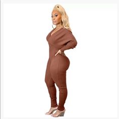 Jumpsuit Ladies Carmel V-Neck For Every Occasion Brand New Spring Brown V-neck Jumpsuits And Rompers, Brown Fitted V-neck Jumpsuits And Rompers, Brown Fitted V-neck Jumpsuit, Casual Brown V-neck Jumpsuits And Rompers, Brown V-neck Jumpsuits And Rompers For Loungewear, Brown V-neck Jumpsuits And Rompers For Spring, Spring Brown V-neck Jumpsuit, Fitted V-neck Jumpsuits And Rompers For Fall, Plus Size Rompers