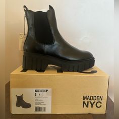 Madden Nyc Chelsea Boot Chunky Heel Side Zipper Stretch Sides Comfort Foam Insole Flexible Lug Sole Round Toe Slip On And Zip Up Brand New In Box Never Tried On Size: 7 & 8 Available Madden Nyc Chelsea Boots, Nyc Chelsea, Madden Nyc, Chelsea Boot, Lug Sole, Chunky Heel, Chunky Heels, Side Zipper, Chelsea Boots