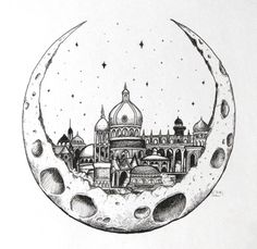 a drawing of a moon with a building in the background