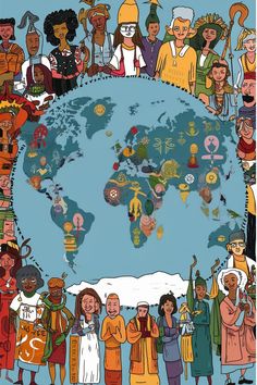 an illustrated map of the world with people all over it, including children and adults