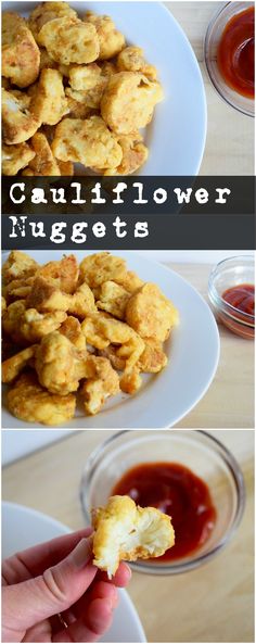 there is a plate with some food on it and the words cauliflower nuggets above it