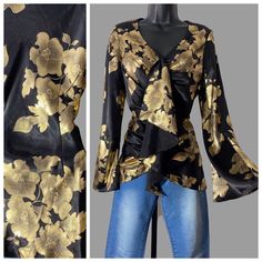 "Gorgeous gold on black floral print tunic with ruffled V neck and long bell sleeve. Hidden zipper at side seam. Unlined, no shoulder pad. Blouse shown cinched in at waist since it is on half mannequin form. Perfect for holiday parties and New Year's celebrations. Works with any black bottom: pants, skirts, shorts, you name it. Or keep it low-key with jeans, as shown here. Label is Ashru. Size 10. Fabric is Poly with a metallic finish on the gold floral print. Tiny hole (1/8\" diameter) at back Long Sleeve Floral Print Top For Party, Formal Floral Print Top For Fall, Elegant Floral Print Top For Festive Occasions, Chic Long Sleeve Tops For Festive Occasions, Elegant Floral Print Party Tops, Elegant Floral Print Top For Festive Season, Fitted Floral Print Blouse For Party, Floral Print Blouse For Night Out In Fall, Elegant Bell Sleeve Party Blouse