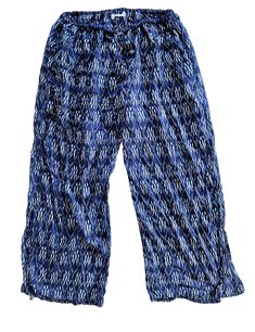 Indigo-Ikat Blue Relaxed Fit Harem Pants For Vacation, Vacation Capri Bottoms With Elastic Waistband, Comfortable Relaxed Fit Capri Bottoms, Comfortable Blue Bottoms For Vacation, Relaxed Blue Pants For Lounging, Casual Beach Capri Pants, Casual Capri Length Pants For Beach, Comfortable Ankle-length Vacation Pants, Casual Capri Pants For Vacation