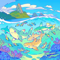 an underwater scene with many different types of sharks and other marine animals in the water