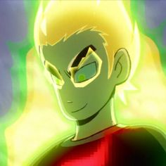 an animated image of a young man with blonde hair and green eyes wearing a red shirt