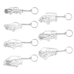 four different types of key chains with cars drawn on the front and back, all in various shapes