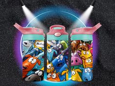 three water bottles with cartoon characters on them, one is pink and the other is blue