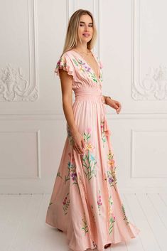 Iris Gown – Marina St Barth Pink Flowy V-neck Maxi Dress, Feminine Floor-length Maxi Dress With Floral Embroidery, Feminine Floral Embroidered Maxi Dress For Garden Party, Feminine Maxi Dress With Floral Embroidery For Garden Party, Feminine Floral Embroidered Floor-length Maxi Dress, Feminine V-neck Gown For Spring, Feminine V-neck Spring Gown, Pink V-neck Gown For Spring, Pink V-neck Maxi Dress With Ruffles