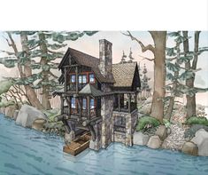 a drawing of a house in the water with trees around it and rocks on both sides