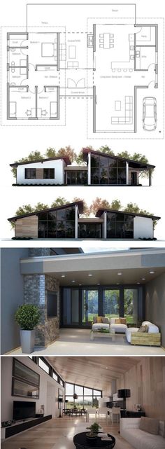 three different views of the inside and outside of a house, including an open floor plan